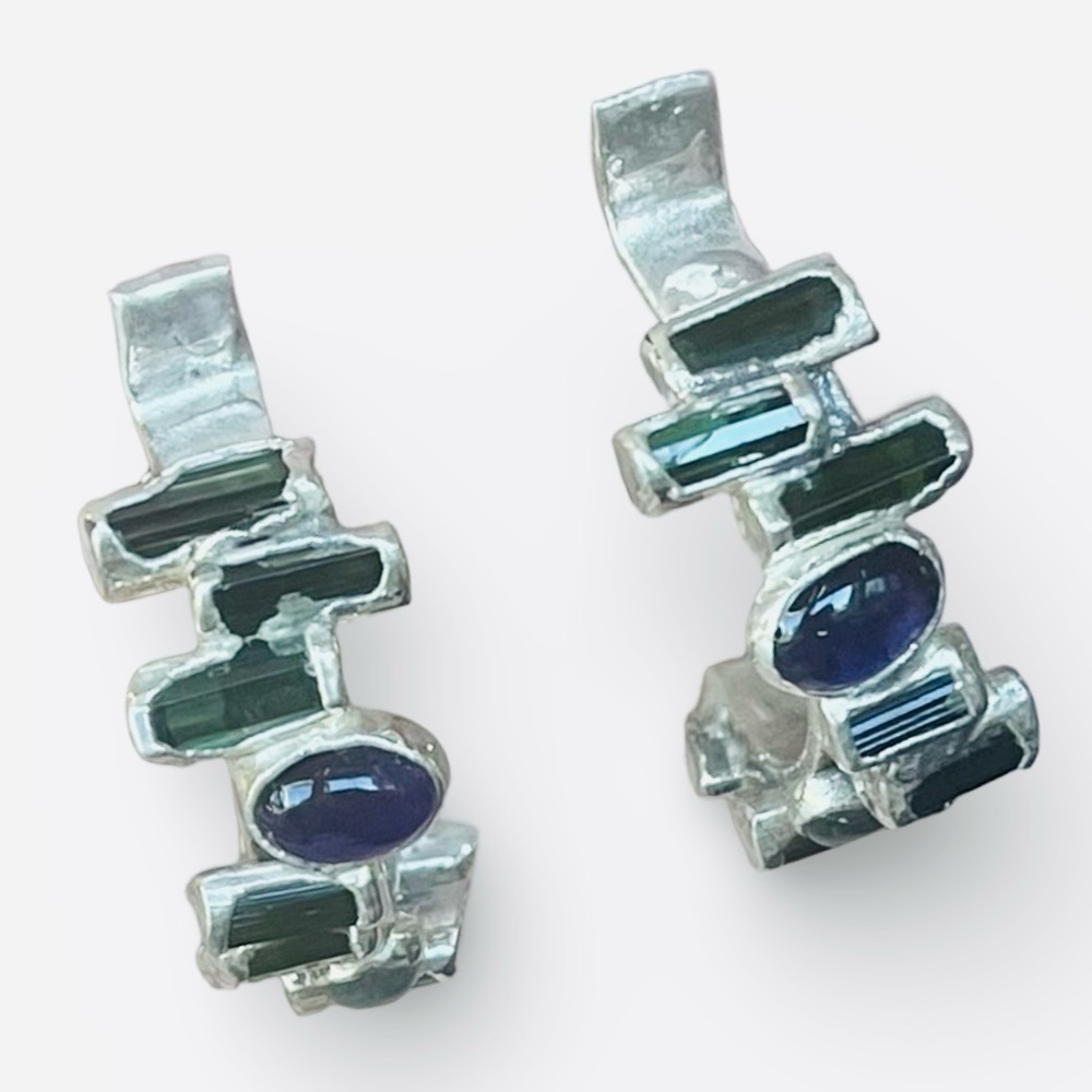 Pure Silver Artisan Green Tourmaline, Amethyst, Moonstone Earrings by C + R - Picture 3 of 9